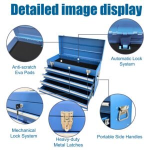Heavy Duty Metal Tool Box, 21-inch, Portable Metal Tool Box With 4 Drawers, Small Tool Chest With EVA Liners, Ball Bearing Slide Drawers Locking & Powder Coated Finish, Multi-Function Tool Organizer - Image 5