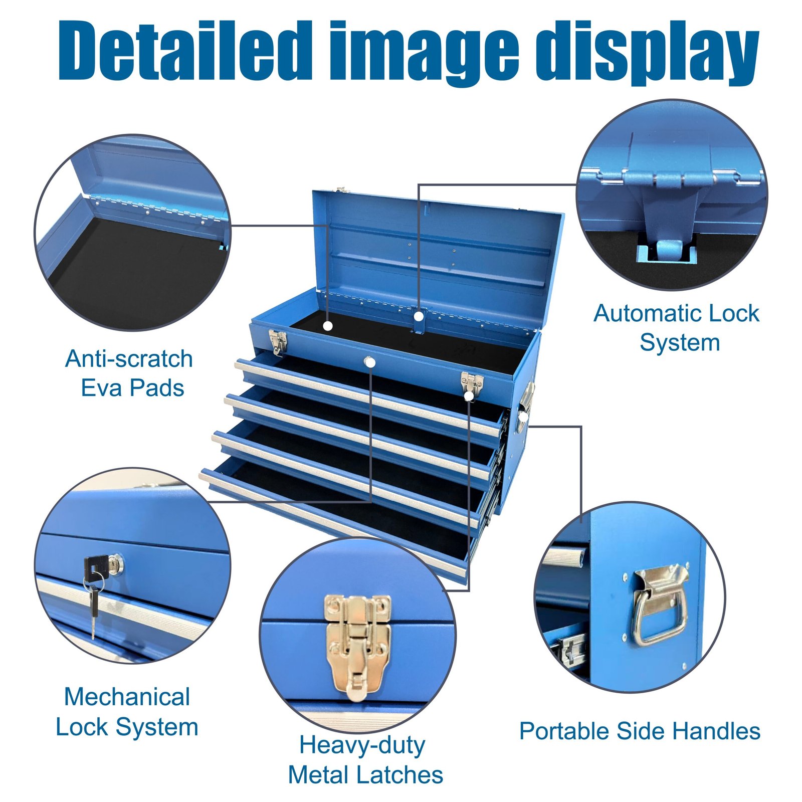 Heavy Duty Metal Tool Box, 21-inch, Portable Metal Tool Box With 4 Drawers, Small Tool Chest With EVA Liners, Ball Bearing Slide Drawers Locking & Powder Coated Finish, Multi-Function Tool Organizer - Image 5