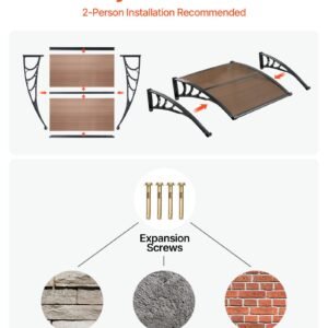 Awnings For Door Entrance, 38 X 40 In, Exterior Front Door Window Awnings With Drainage & ABS Bracket, Rain Snow Sun Protection, Overhang Polycarbonate Door Canopy For Porch Patio, Brown - Image 2