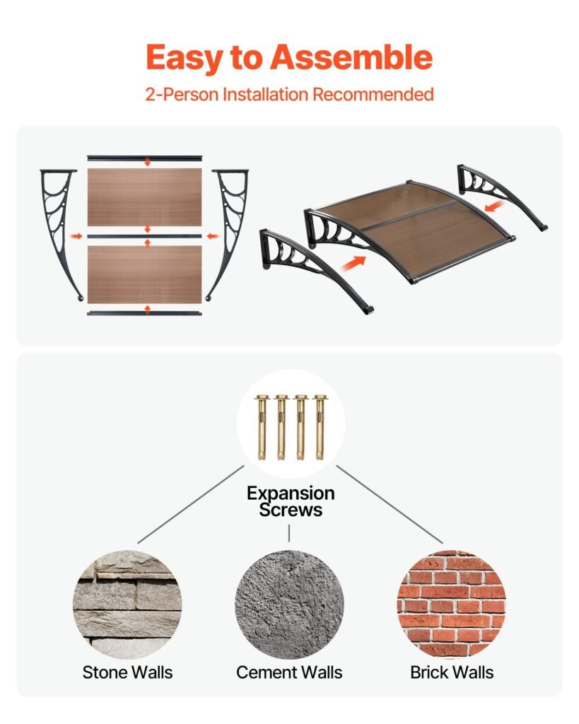 Awnings For Door Entrance, 38 X 40 In, Exterior Front Door Window Awnings With Drainage & ABS Bracket, Rain Snow Sun Protection, Overhang Polycarbonate Door Canopy For Porch Patio, Brown