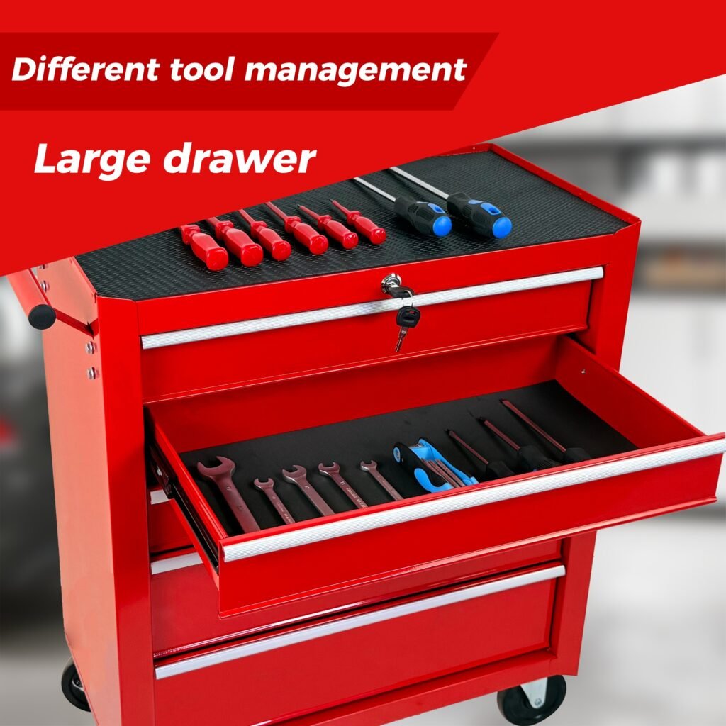 5-Drawer Rolling Tool Chest w/Lock & Key, Tool Storage Cabinet with Wheels, Top Cushion & Drawer Liners, Tool Organizer Box for Garage, Warehouse & Repair Shop-RED