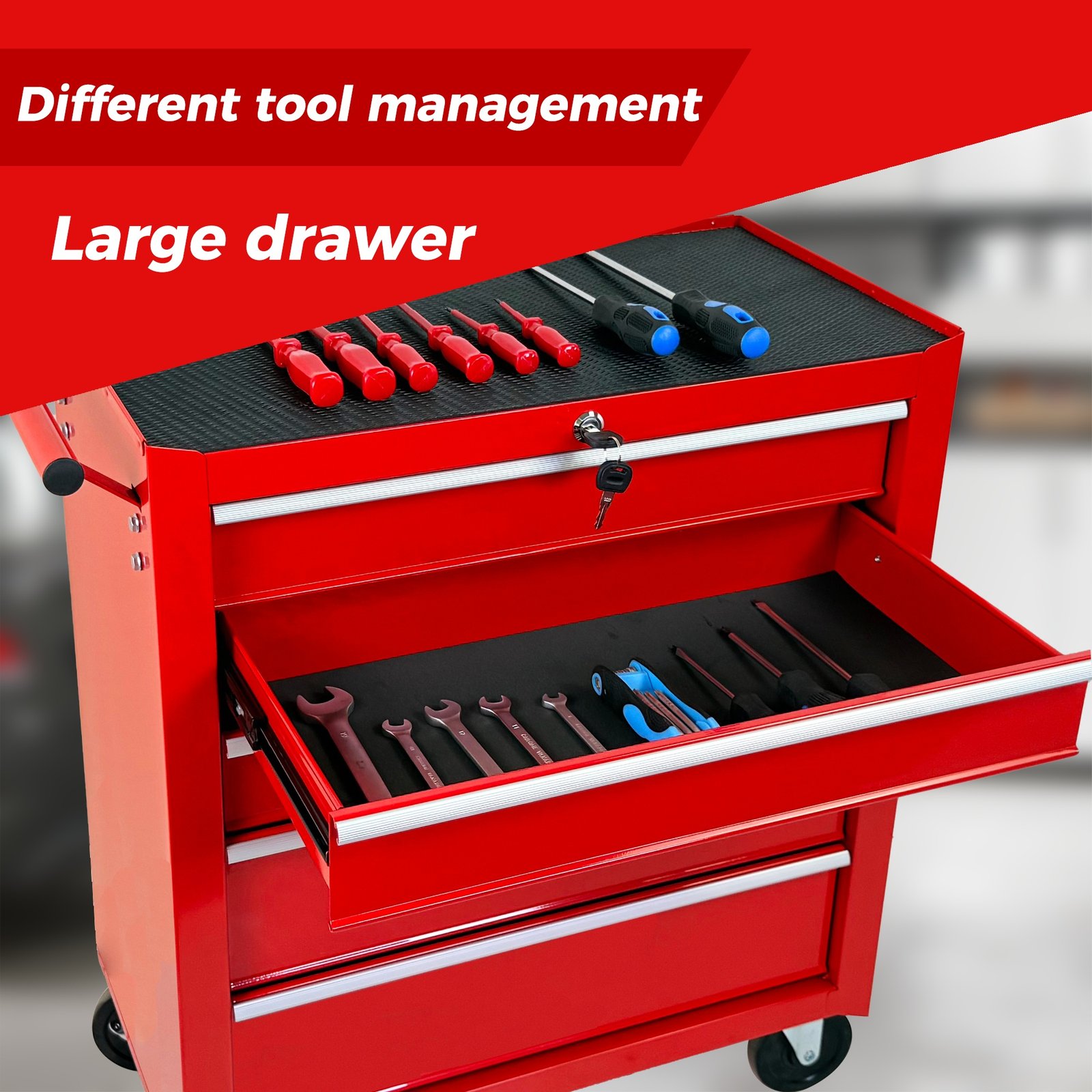 5-Drawer Rolling Tool Chest w/Lock & Key, Tool Storage Cabinet with Wheels, Top Cushion & Drawer Liners, Tool Organizer Box for Garage, Warehouse & Repair Shop-RED - Image 4