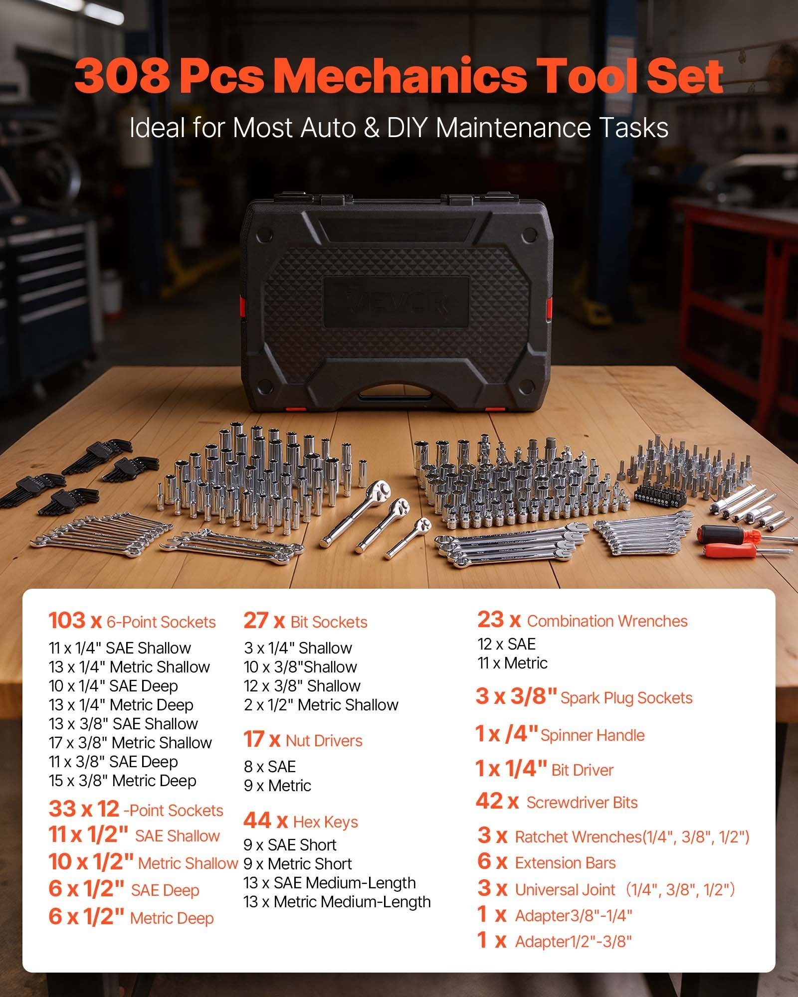 Mechanics Tool Set, 308-Piece Mechanic Tool Kit, 1/4 In, 3/8 In, And 1/2 In Drive, SAE And Metric Socket Set, Wrenches, Screwdriver Bits, Accessories, And Storage Case, For Automotive Repair - Image 2