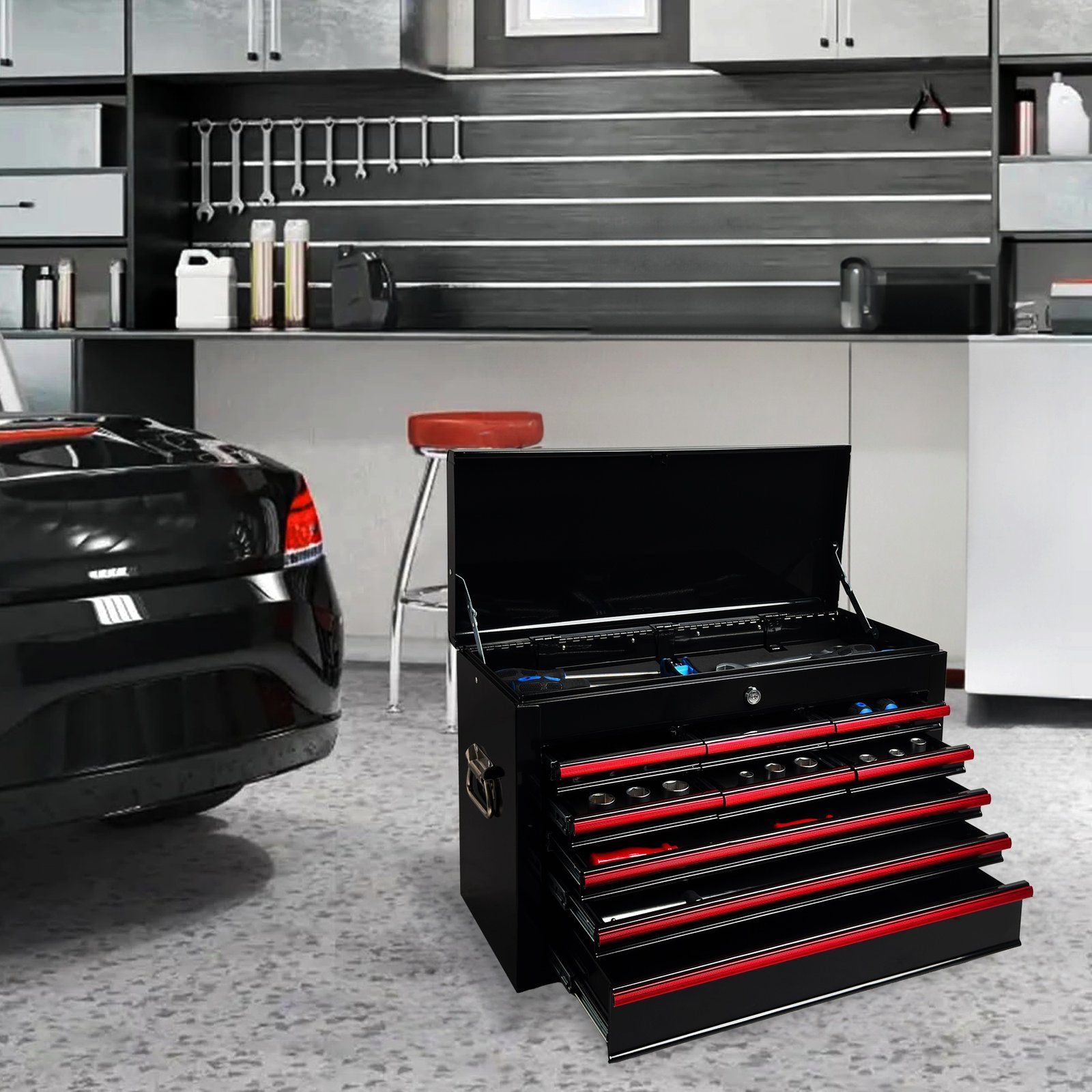 Heavy Duty Metal Tool Box, 24-inch, Portable Metal Tool Box with 9 Drawers, Small Tool Chest with EVA Liners, Ball Bearing Slide Drawers Locking & Powder Coated Finish, Multi-Function Tool Organizer - Image 3