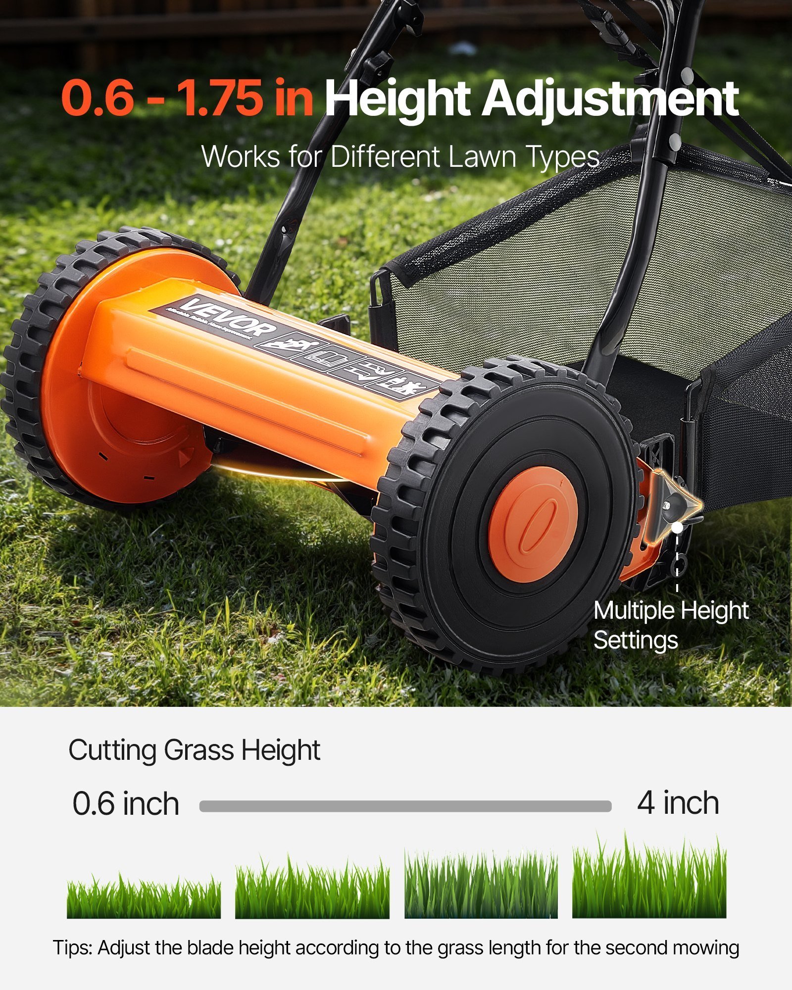 16' Manual Push Reel Lawn Mower 5-Blade Adjustable Height Grass Catcher 2 Wheels - Image 5