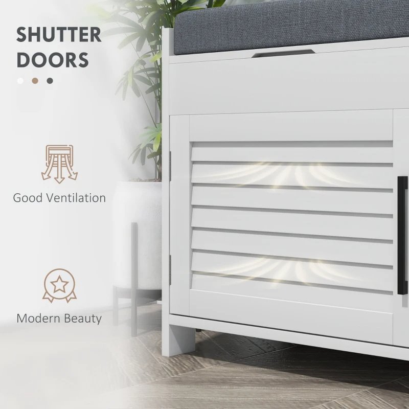 Shoe Storage Bench, Modern Entryway Bench With Cushion, Hidden Compartments, Adjustable Shelves, Shutter Doors, White