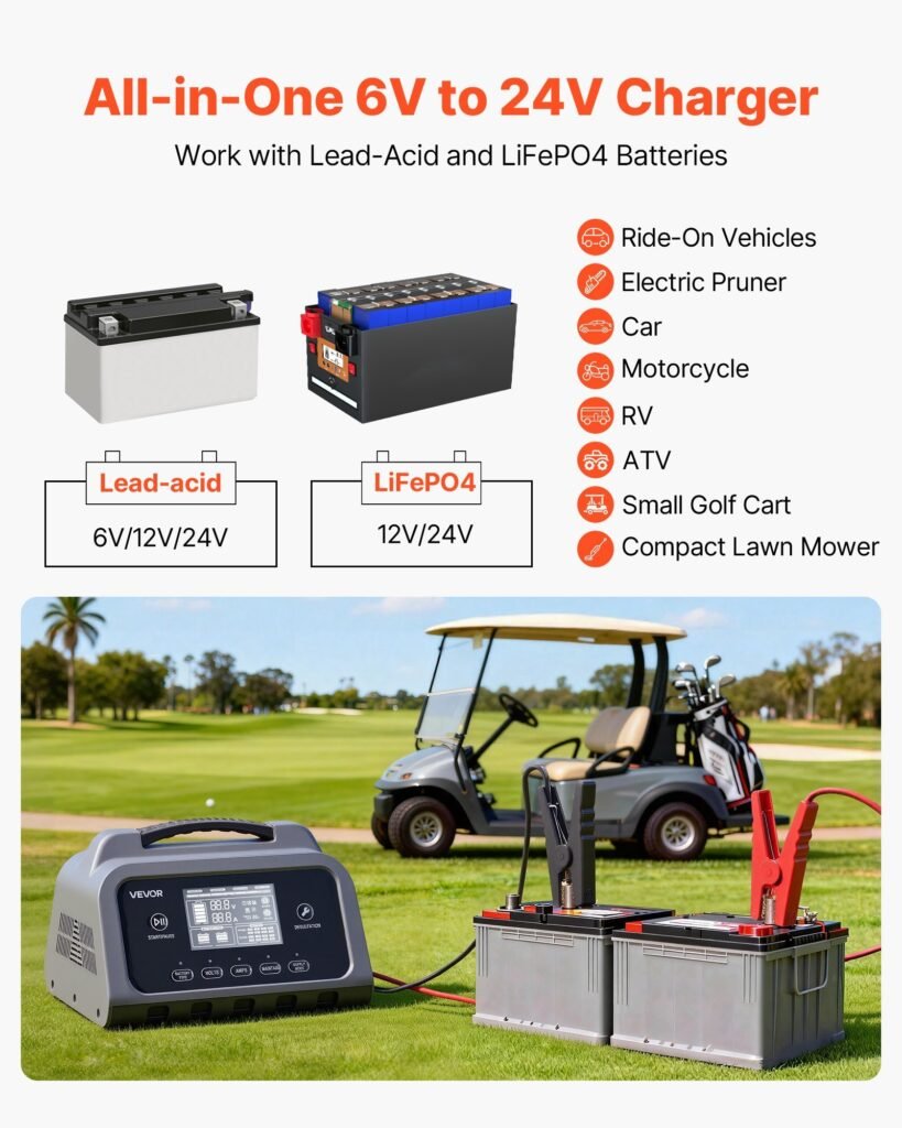 Smart Battery Charger, 25A, 6V 12V 24V Lithium LiFePO4 Lead-Acid (Gel/AGM) Car Battery Charger, With LCD Display, Trickle Charging Maintainer Desulfator, For Car, Boat, Motorcycle, Lawn Mowers