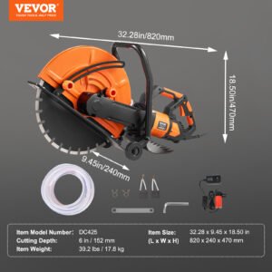 VEVOR Electric Concrete Saw, 16 In, 3200 W 15 A Motor Circular Saw Cutter With Max. 6 In Adjustable Cutting Depth, Wet Disk Saw Cutter Includes Water Line, Pump And Blade, For Stone, Brick - Image 5