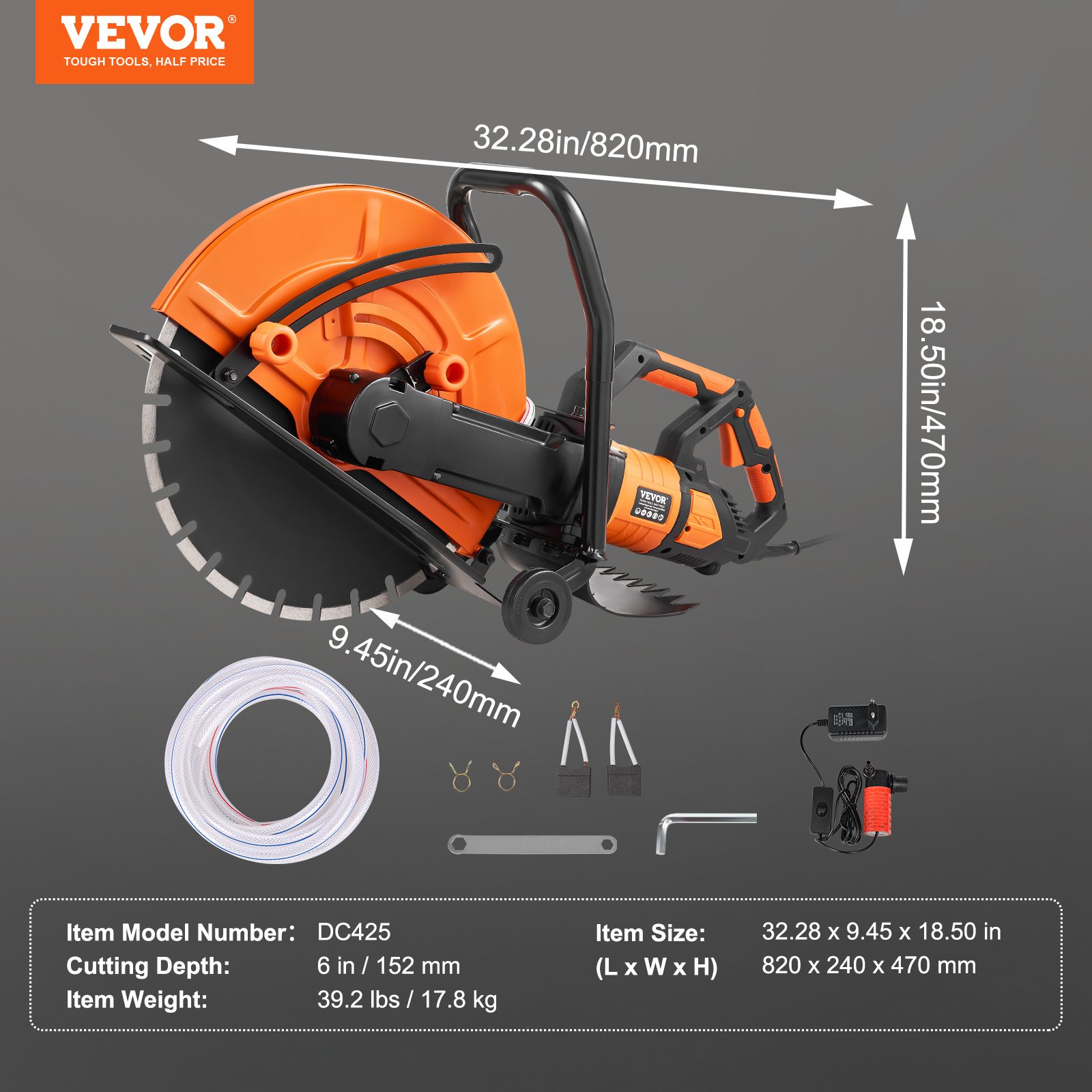 VEVOR Electric Concrete Saw, 16 In, 3200 W 15 A Motor Circular Saw Cutter With Max. 6 In Adjustable Cutting Depth, Wet Disk Saw Cutter Includes Water Line, Pump And Blade, For Stone, Brick - Image 5