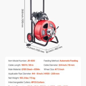 Drain Cleaner Machine 100 FT X 3/4 Inch, Auto Feed Sewer Snake Auger On Wheels, Portable Drain Cleaning Machine With 4 Cutters & Air-activated Foot Switch For 4" To 8" Pipes - Image 6