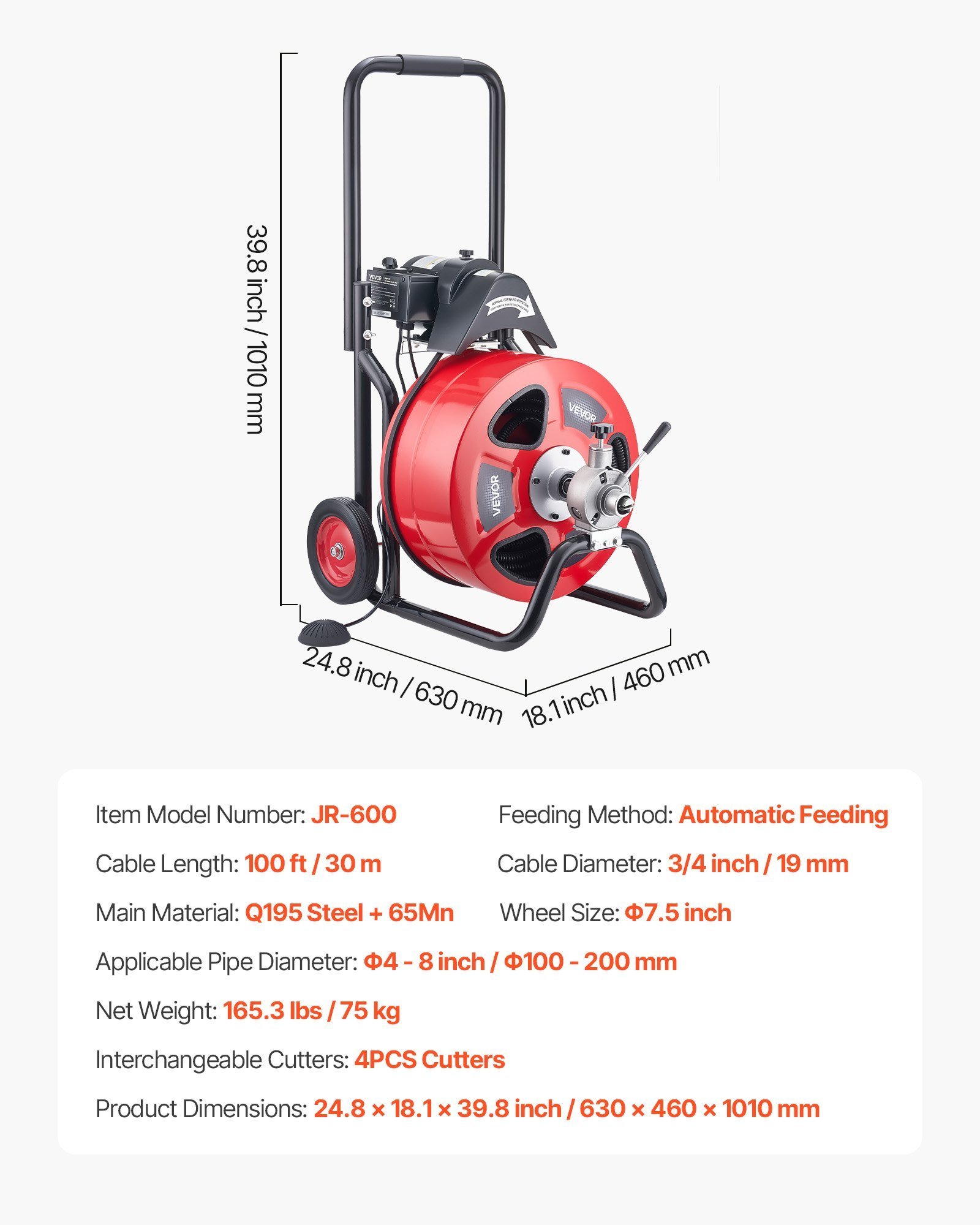Drain Cleaner Machine 100 FT X 3/4 Inch, Auto Feed Sewer Snake Auger On Wheels, Portable Drain Cleaning Machine With 4 Cutters & Air-activated Foot Switch For 4" To 8" Pipes - Image 6
