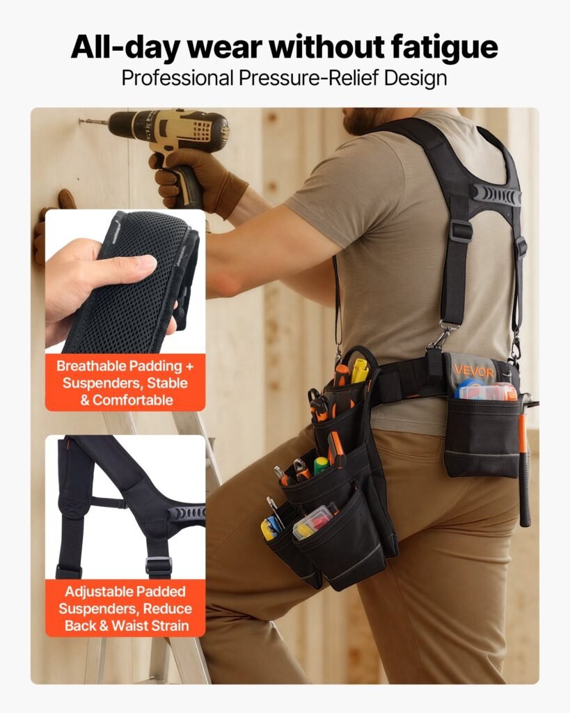 Tool Belt, 19 Pockets Tool Pouch With Suspenders For Men, Heavy Duty Adjustable Utility Belt Work Bag Detachable Suspension Rig For Electrician, Carpenter, Construction, Adjust Waist 31 To 51in