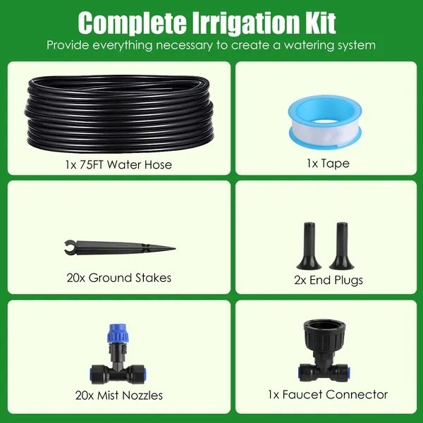 Complete Garden Drip Irrigation System Kit,Drip Irrigation Kit, 75FT Garden Watering System With Adjustable Misting Nozzles For Garden Greenhouse Lawn Patio Flower Bed