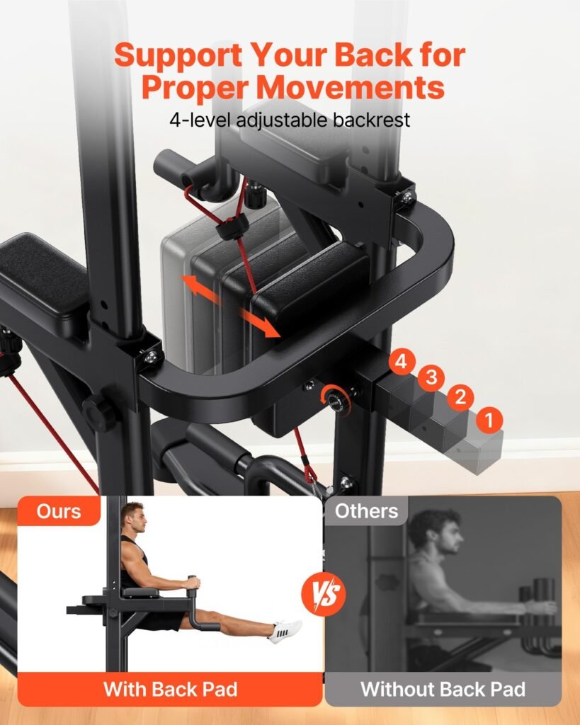 Pull Up Bar, 330 LBS Power Tower Dip Station, Workout Dip Station With H-Shaped Stable Base & Back Pad, Adjustable 12 Level Height Free Standing Chin Up Bar For Back, 4-Level Adjustable Back Pad