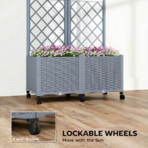 Planter Box with Trellis, Self Watering Raised Garden Bed with Lockable Wheels and Drainage Holes, Gray - Image 3