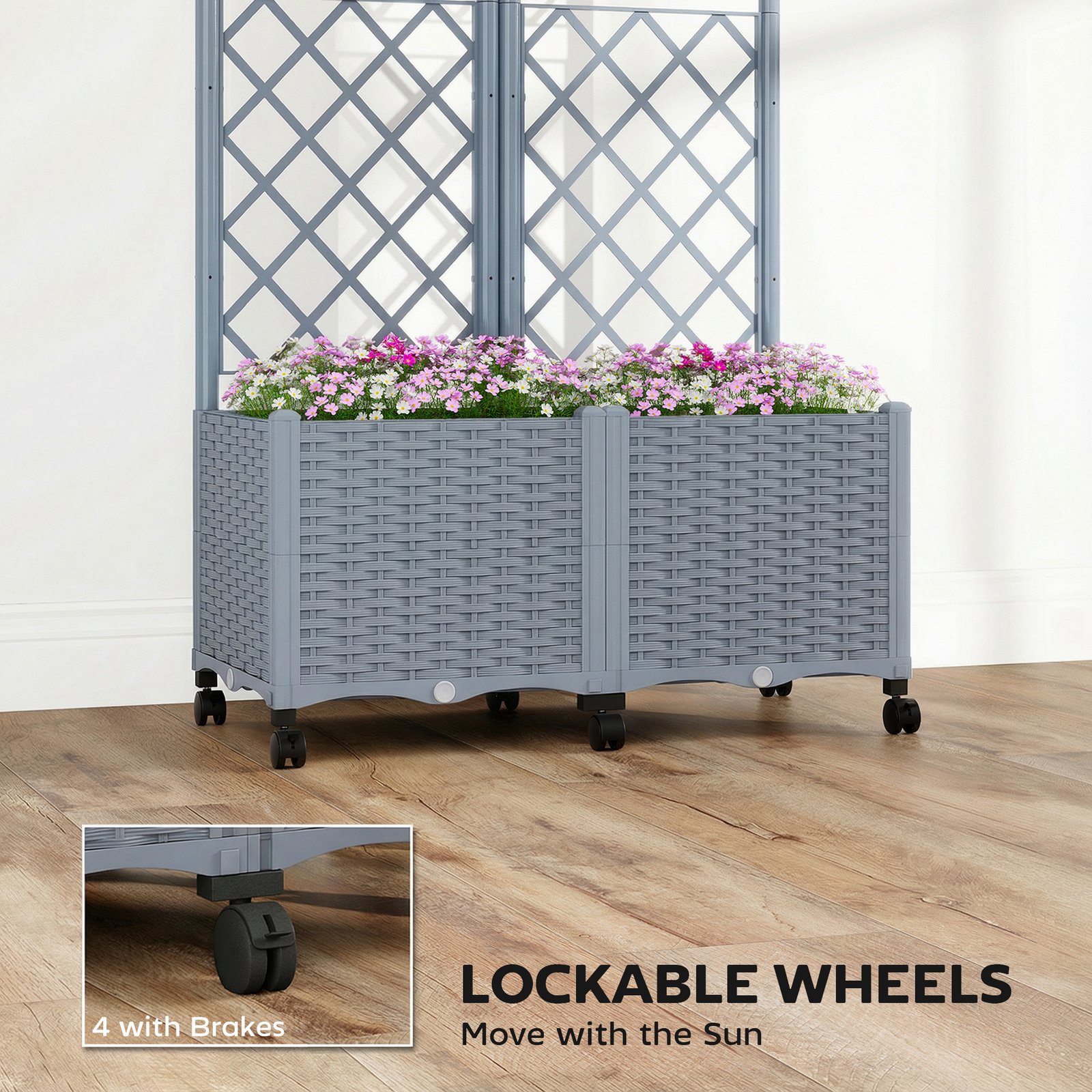 Planter Box with Trellis, Self Watering Raised Garden Bed with Lockable Wheels and Drainage Holes, Gray - Image 3