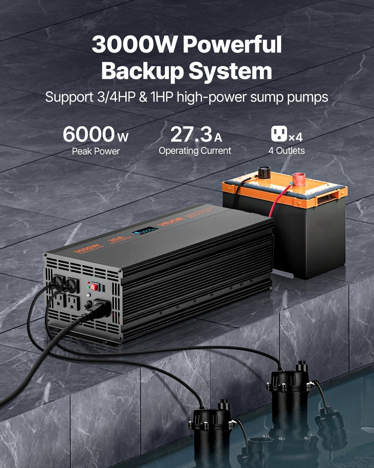 Sump Pump Battery Backup System 3000W LCD Auto Switches To Battery Inverter - Image 2