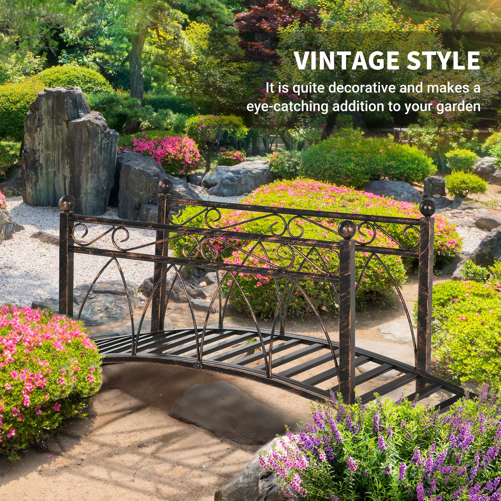 3.3 Metal Arch Zen Garden Bridge with Safety Siderails, Decorative Footbridge, Delicate Scrollwork & Corner Spheres for Stream, Fish Pond, Bronze - Image 3
