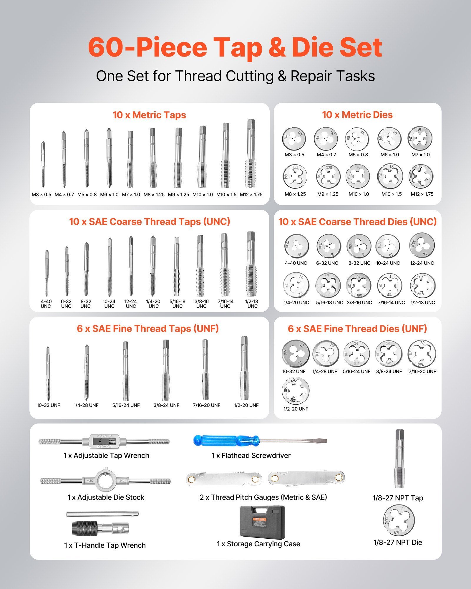 Tap And Die Set, 60-Piece Metric And SAE Sizes M3 To M12, #4 To 1/2", With Coarse And Fine Thread Taps And Dies, Wrench, Carrying Case And Complete Accessories, For Threading And Rethreading - Image 4