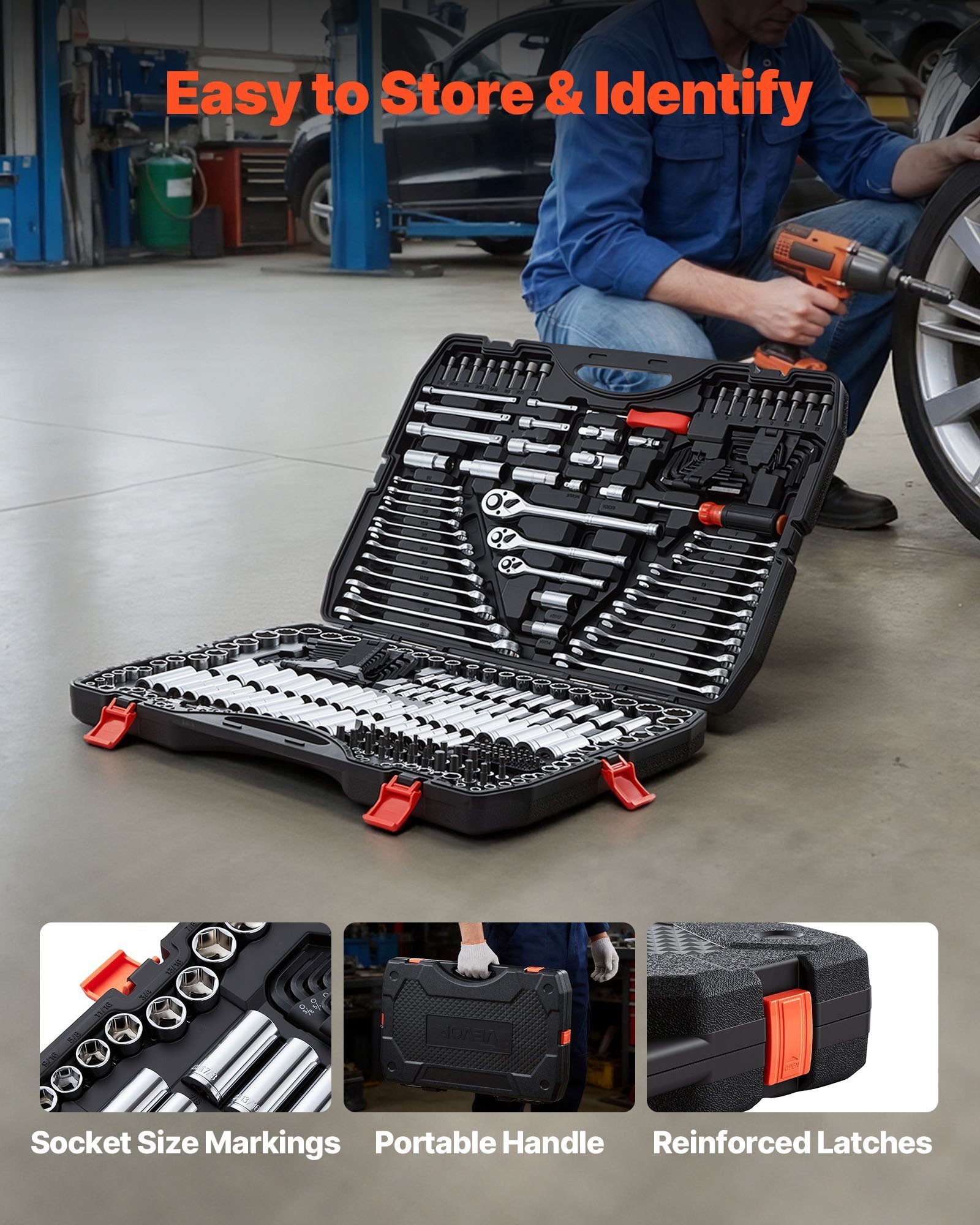 Mechanics Tool Set, 308-Piece Mechanic Tool Kit, 1/4 In, 3/8 In, And 1/2 In Drive, SAE And Metric Socket Set, Wrenches, Screwdriver Bits, Accessories, And Storage Case, For Automotive Repair - Image 6
