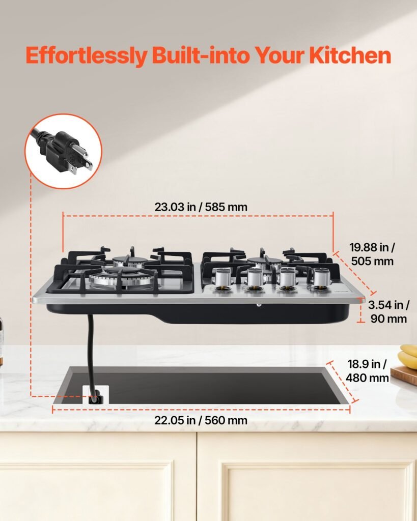 24 Inch Gas Cooktop 4 Burners Gas Stove Top, Max 27000BTU Built-in Stainless Steel Stove Top LPG/NG Convertible Dual Fuel Cooktop Stoves With Thermocouple Protection For Kitchen Apartment Rvs