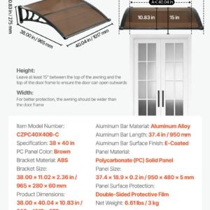 Awnings For Door Entrance, 38 X 40 In, Exterior Front Door Window Awnings With Drainage & ABS Bracket, Rain Snow Sun Protection, Overhang Polycarbonate Door Canopy For Porch Patio, Brown - Image 1