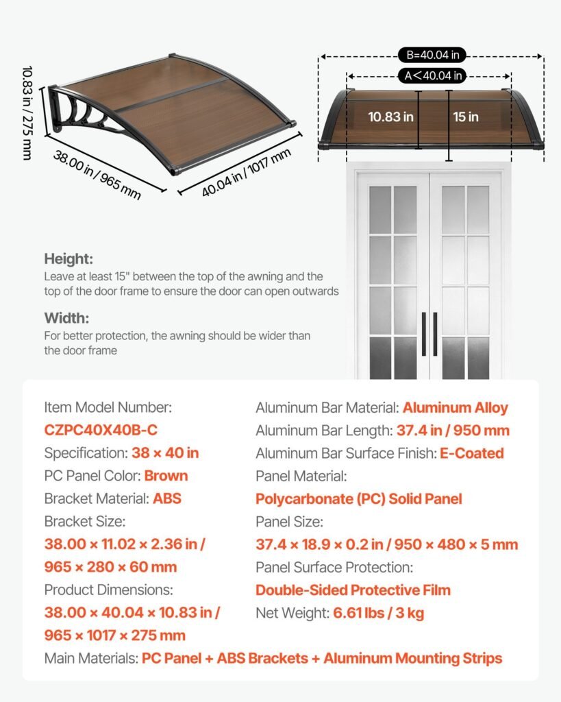 Awnings For Door Entrance, 38 X 40 In, Exterior Front Door Window Awnings With Drainage & ABS Bracket, Rain Snow Sun Protection, Overhang Polycarbonate Door Canopy For Porch Patio, Brown
