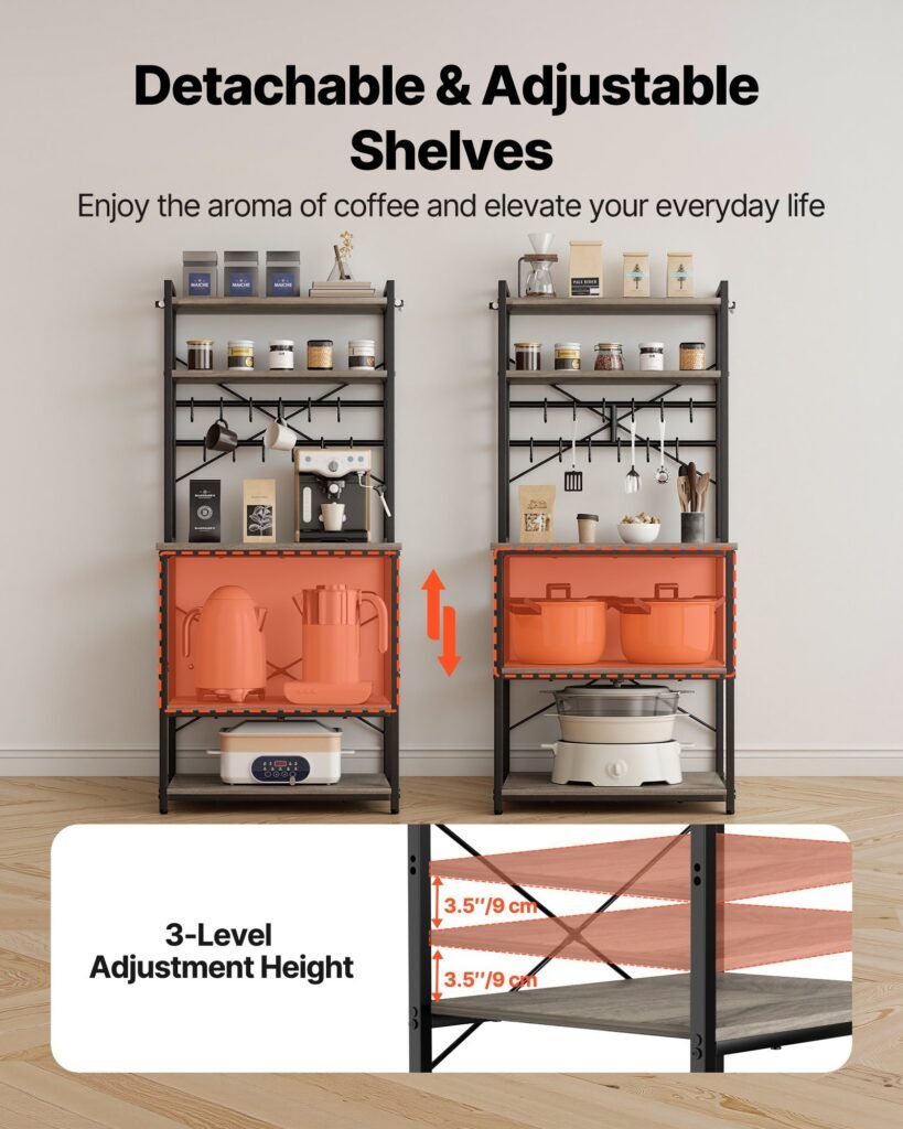 Kitchen Bakers Rack, 23.6 Inch Width Bakers Rack, Kitchen Stand With X-Shaped Support Bar, 12 S-Shaped Hooks, Double-Layer Top Shelf, Coffee Bar Stand For Dishes & Bowls, Spice Bottles