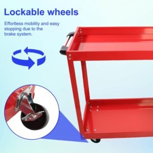 Tool Cart On Wheels, Heavy Duty Steel Utility Cart W-Lockable Wheels, 400 LBS Capacity Industrial Service Cart For Garage, Warehouse, Workshop  Two-layer Bright Red - Image 10