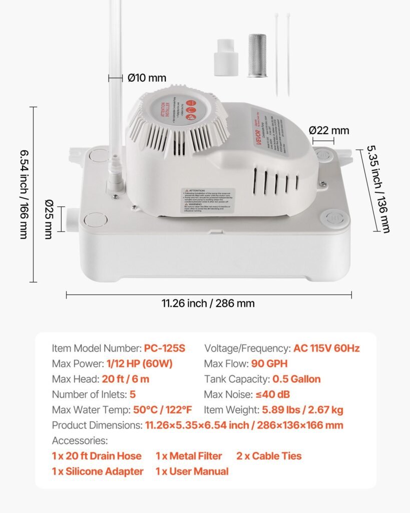Condensate Pump, 1/12 HP, 90 GPH, 20 Ft Lift, 115V Automatic AC Condensation Removal Pump With Safety Switch 20 Ft Tubing, For Air Conditioner, Dehumidifier, HVAC, Furnace, Ice Maker Water Drain