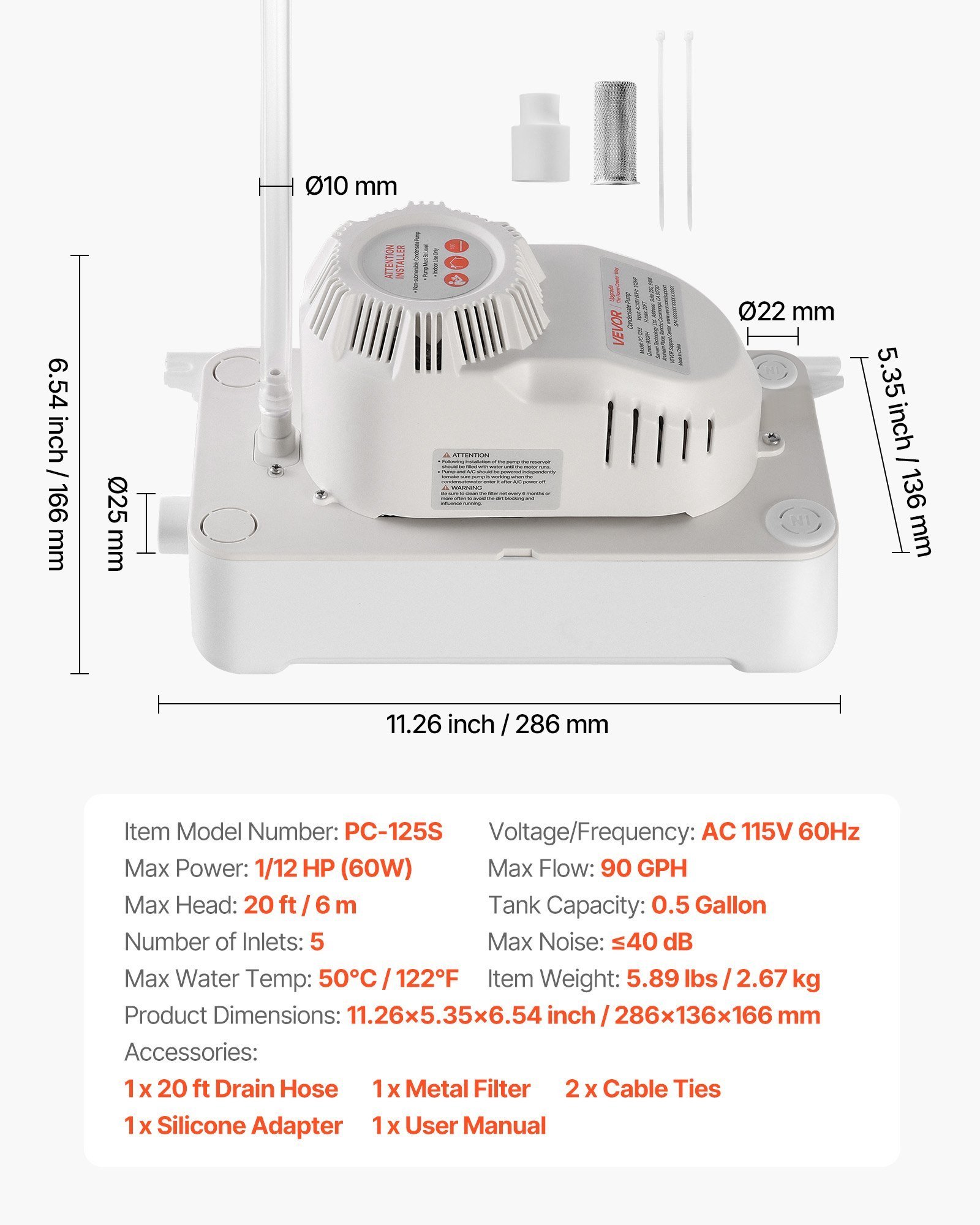 Condensate Pump, 1/12 HP, 90 GPH, 20 Ft Lift, 115V Automatic AC Condensation Removal Pump With Safety Switch 20 Ft Tubing, For Air Conditioner, Dehumidifier, HVAC, Furnace, Ice Maker Water Drain - Image 1