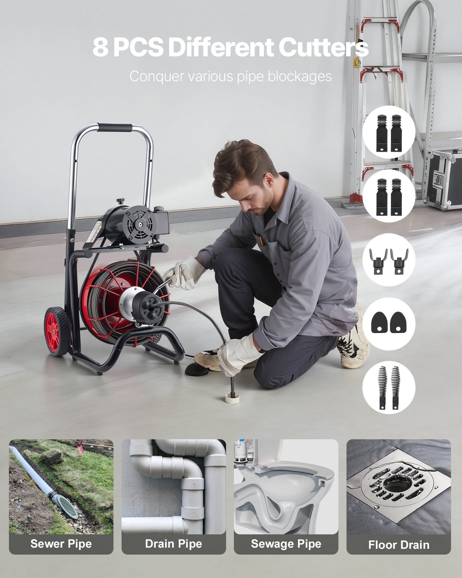 Drain Cleaner Machine 100 FT X 1/2 Inch, Auto Feed Sewer Snake Auger On Wheels - With 8 Cutters & Air-Activated Foot Switch For 2" To 6" Pipes - Image 3
