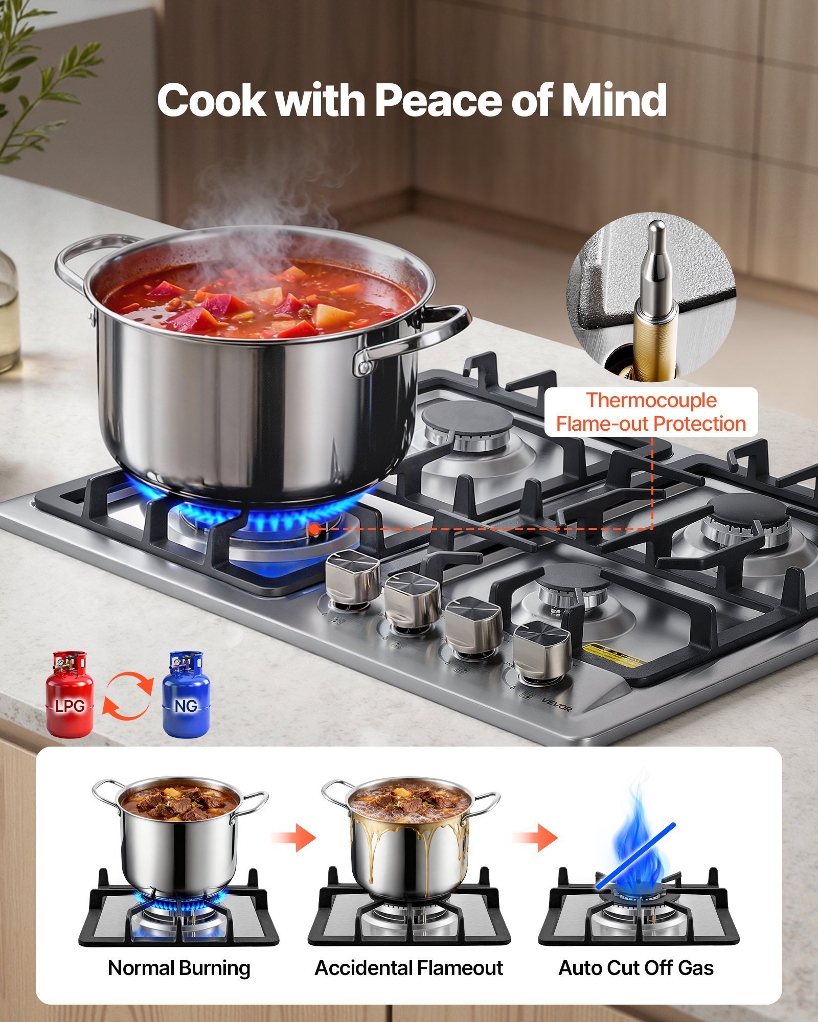 24 Inch Gas Cooktop 4 Burners Gas Stove Top, Max 27000BTU Built-in Stainless Steel Stove Top LPG/NG Convertible Dual Fuel Cooktop Stoves With Thermocouple Protection For Kitchen Apartment Rvs - Image 3
