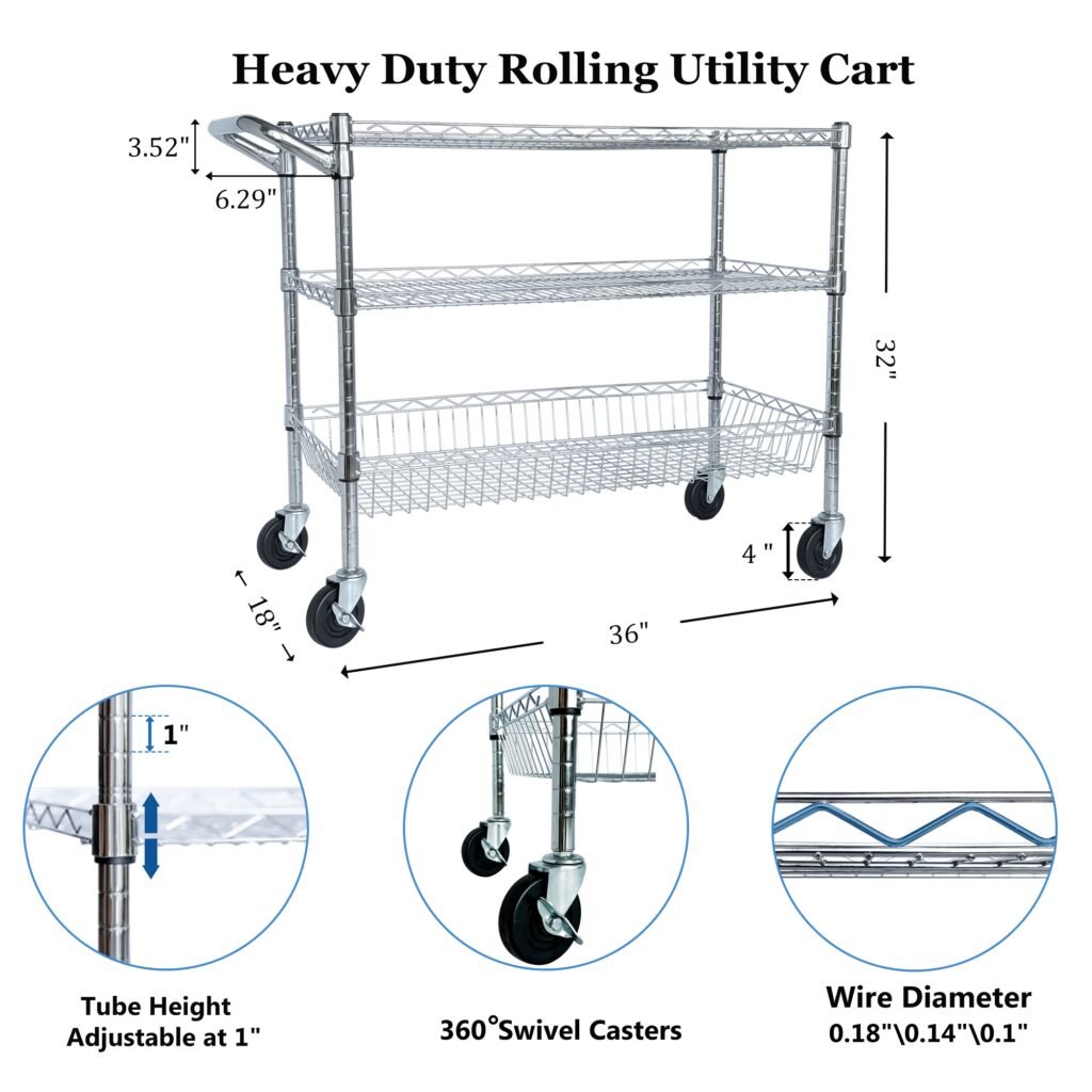 Heavy Duty Rolling Utility Cart,3 Tier Rolling Carts With Wheels,with Handle Bar & Shelf Liners,36inchx18inchx32inchStorage Cart For Kitchen,Restaurant,Plant Display,Chrome