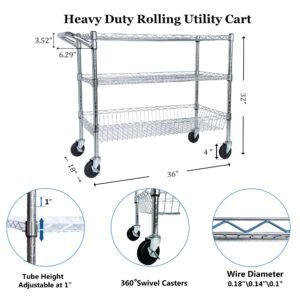 Heavy Duty Rolling Utility Cart,3 Tier Rolling Carts With Wheels,with Handle Bar & Shelf Liners,36inchx18inchx32inchStorage Cart For Kitchen,Restaurant,Plant Display,Chrome - Image 7