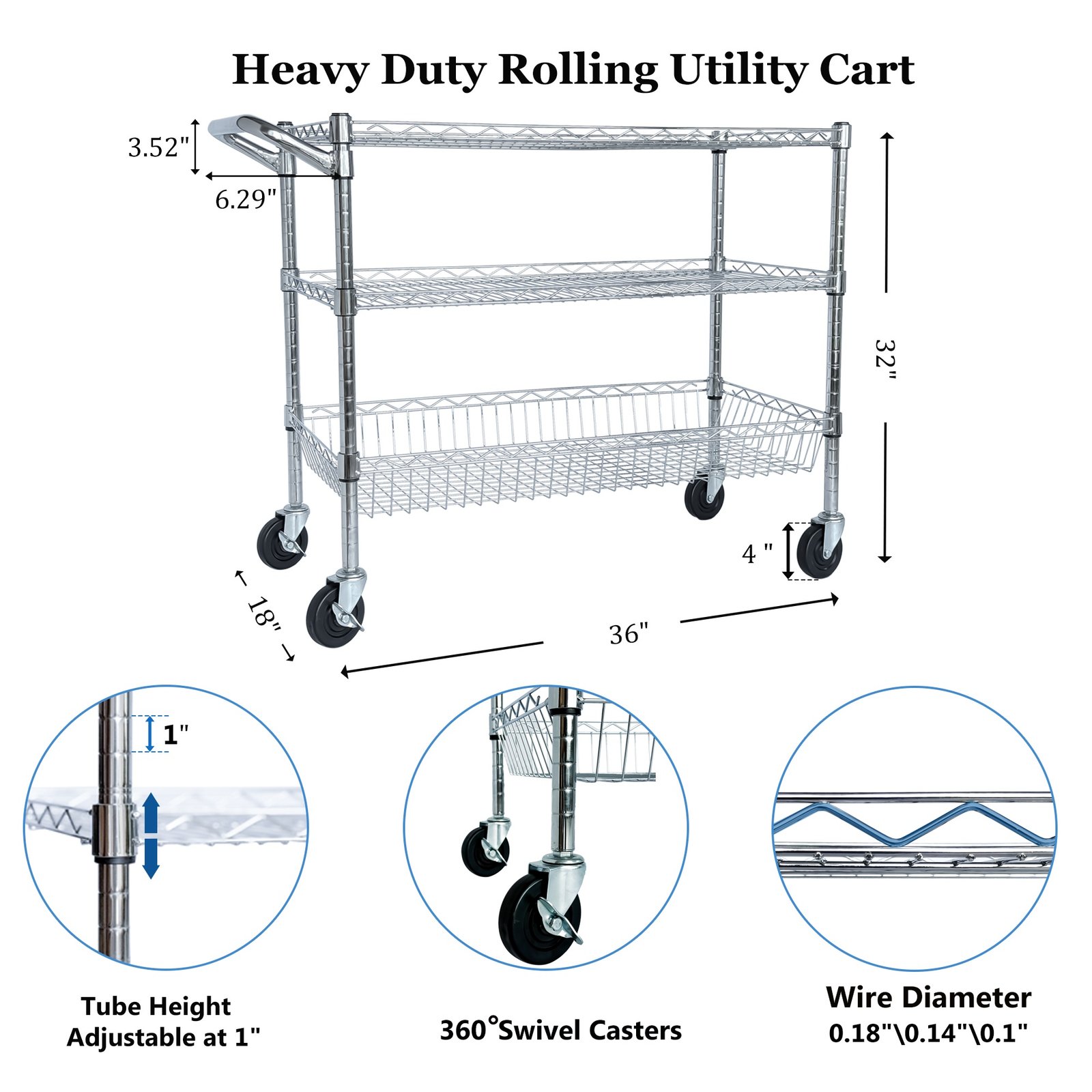 Heavy Duty Rolling Utility Cart,3 Tier Rolling Carts With Wheels,with Handle Bar & Shelf Liners,36inchx18inchx32inchStorage Cart For Kitchen,Restaurant,Plant Display,Chrome - Image 7