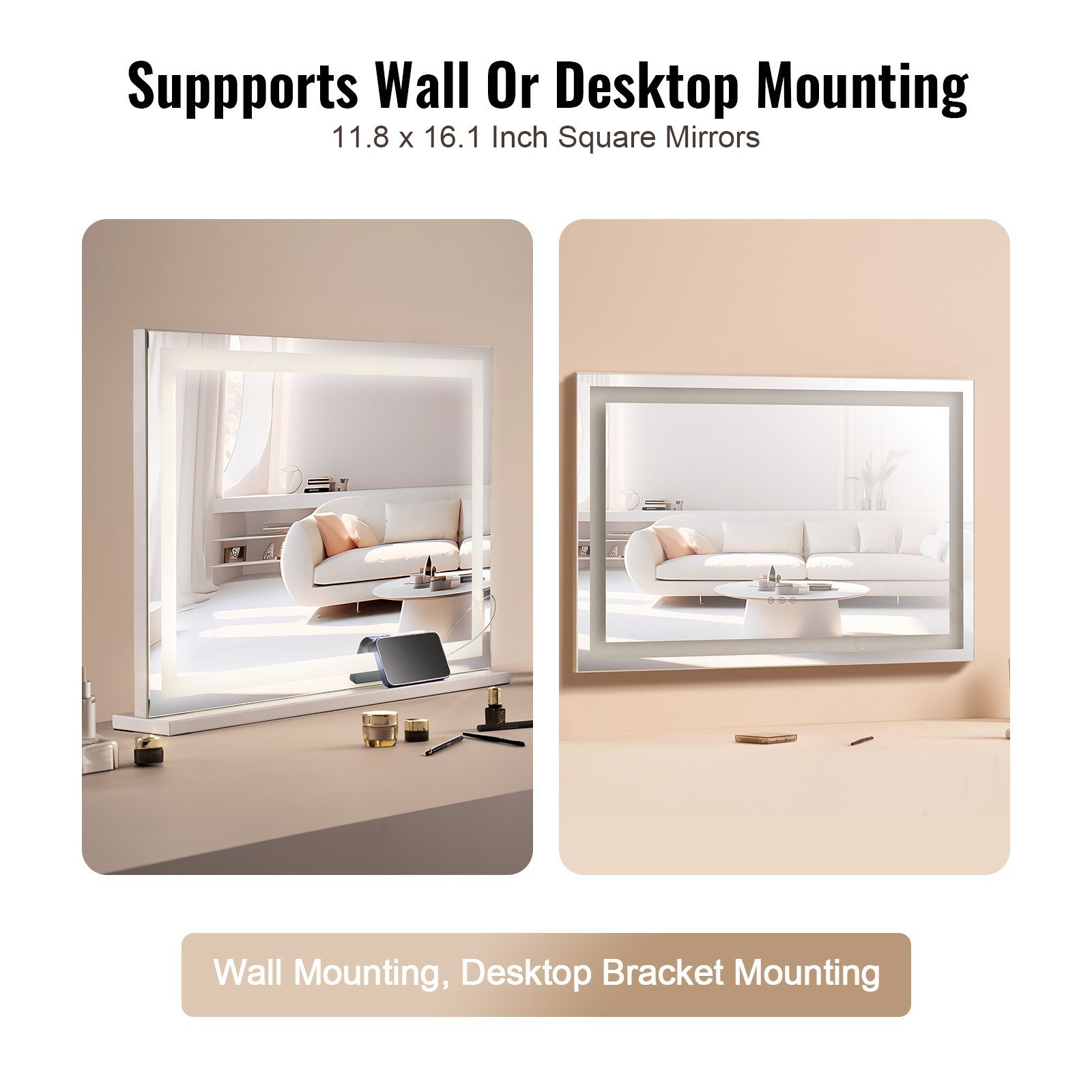 Lighted Makeup Mirror 3 Color Vanity W/ USB Desktop Wall-mount 31.5x21.7in - Image 5