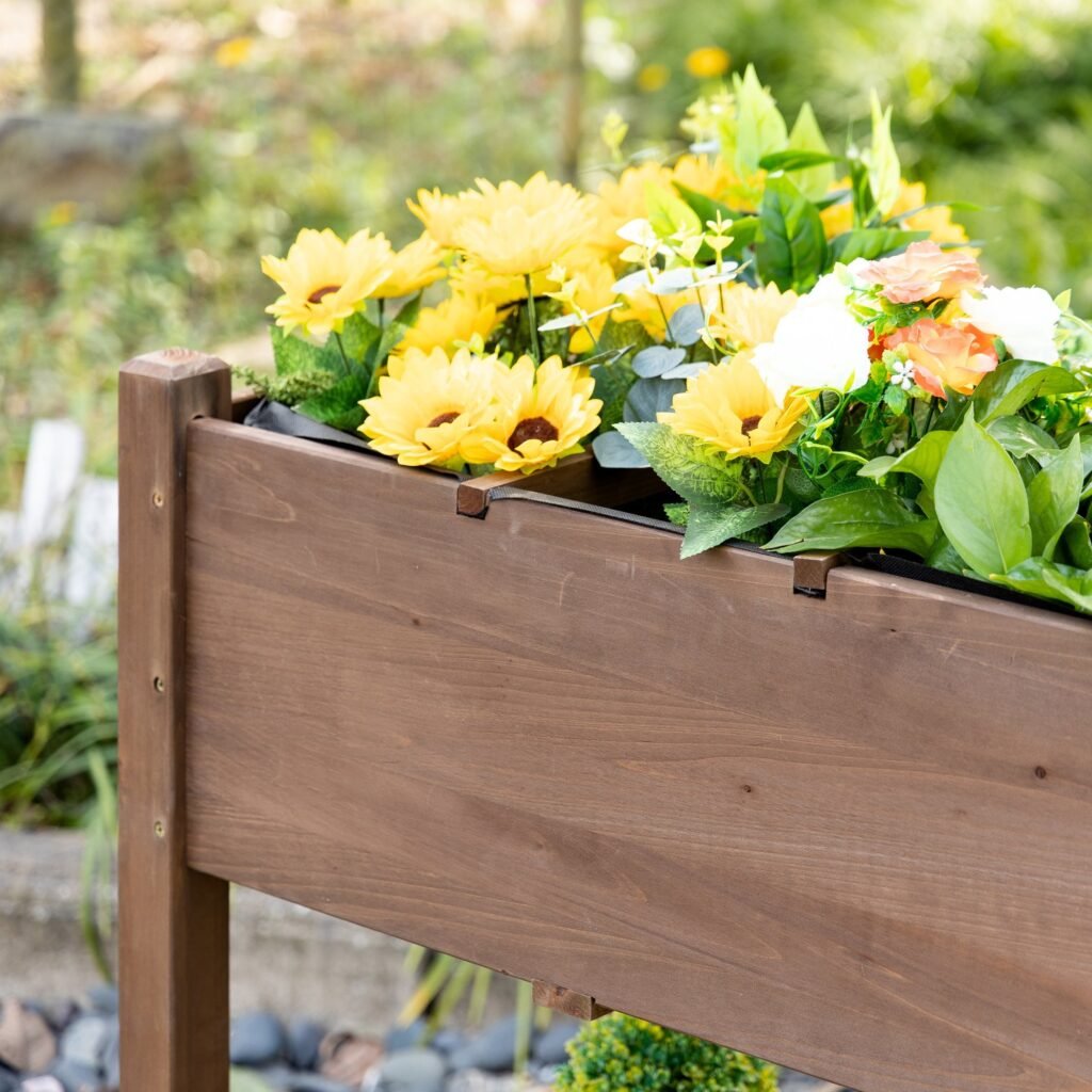 Wooden Garden Box, 34.25H with 8 Pockets and Lockable Wheels, Foldable Side Clapboard, Elevated and Self-Draining Design, to Grow Herbs, Vegetables, and Flowers, Brown