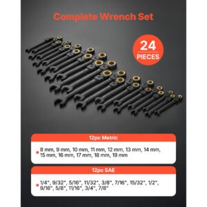 Flex-Head Ratcheting Wrench Set, 24-Piece SAE And Metric, 72 Teeth, Cr-V Steel Ratchet Flexible Combination Wrench Set With Storage Case, For General Household And Automotive Repairs, Black - Image 5
