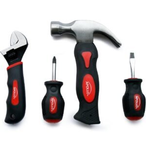 Apollo Tools 4 Piece Stubby Tool Set Mini Hammer Screwdriver And Wrench Red - Image 1