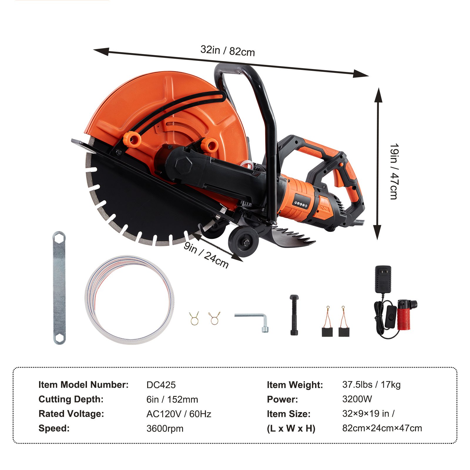 VEVOR Electric Concrete Saw, 16 In, 3200 W 15 A Motor Circular Saw Cutter With Max. 6 In Adjustable Cutting Depth, Wet Disk Saw Cutter Includes Water Line, Pump And Blade, For Stone, Brick - Image 9