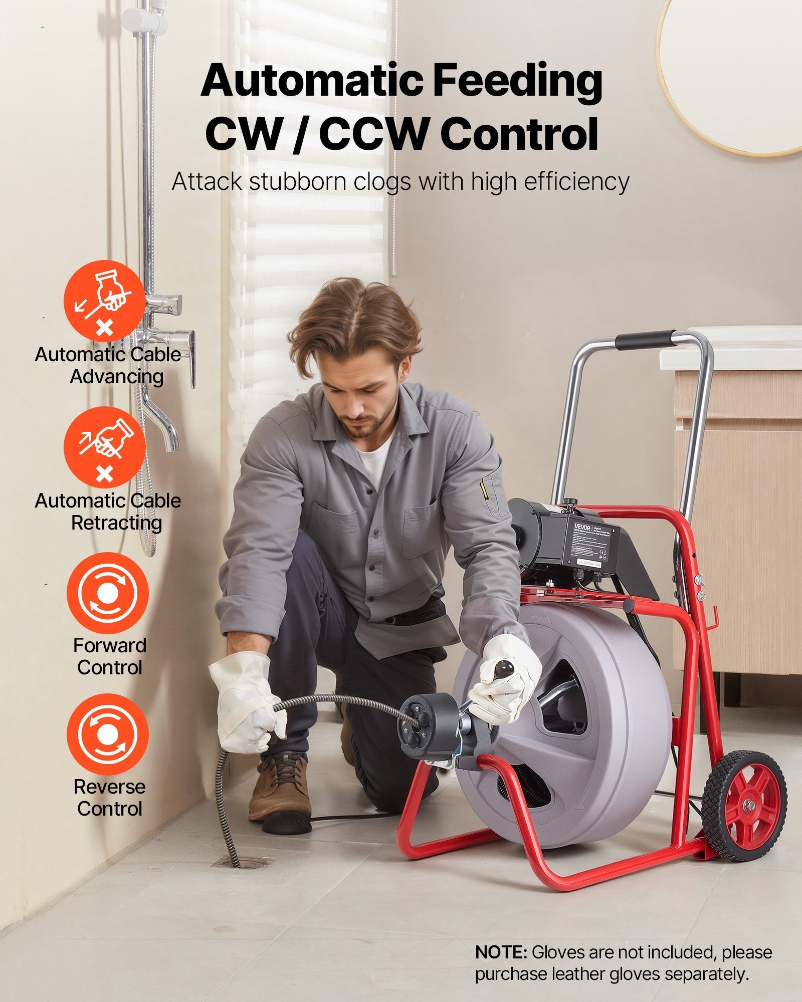 Drain Cleaner Machine 75 FT X 1/2 Inch, Auto Feed Sewer Snake Drain Auger On Wheels, Portable Drain Cleaning Machine With 8 Cutters & Air-Activated Foot Switch For 2" To 6" Pipes - Image 2