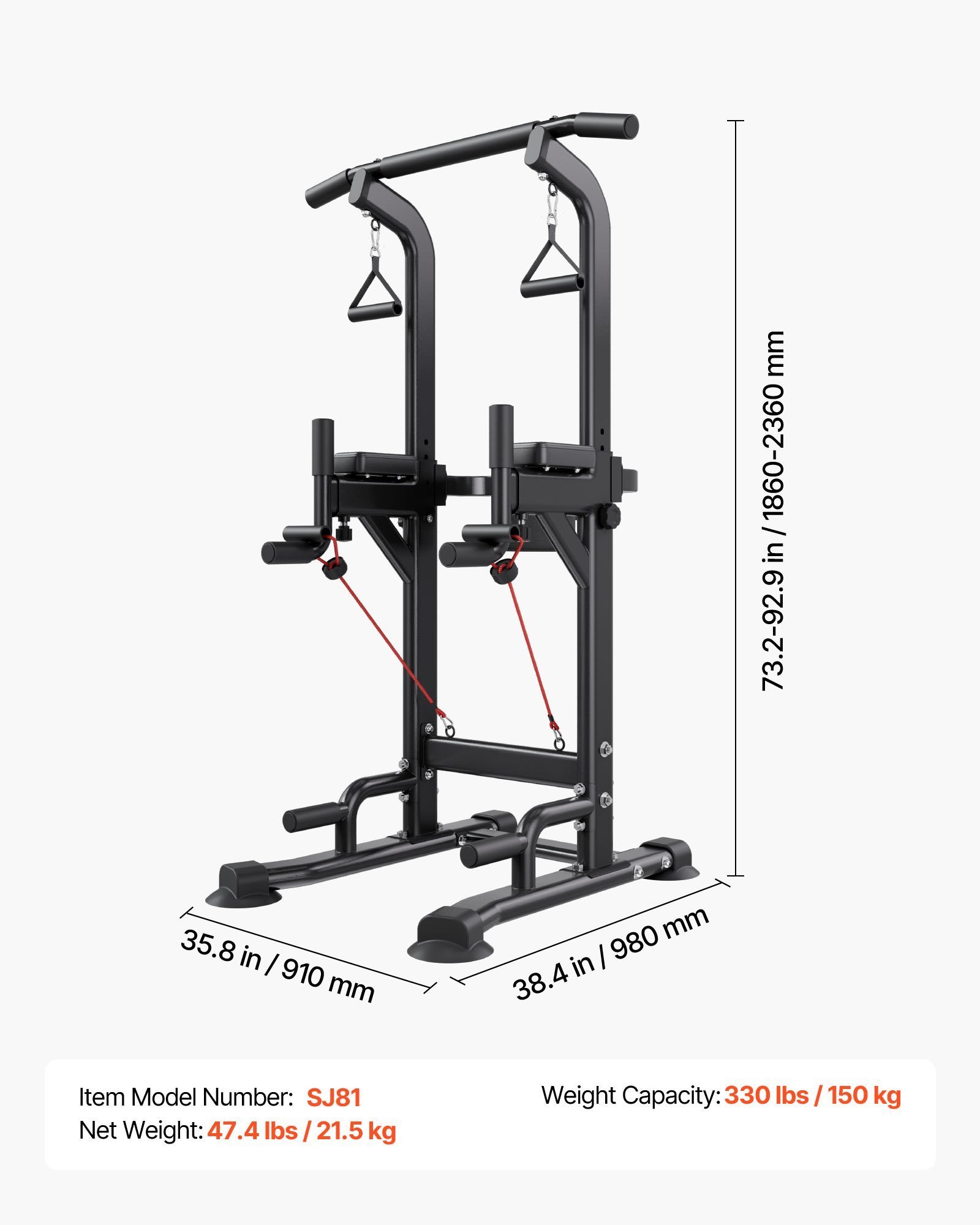Pull Up Bar, 330 LBS Power Tower Dip Station, Workout Dip Station With H-Shaped Stable Base & Back Pad, Adjustable 12 Level Height Free Standing Chin Up Bar For Back, 4-Level Adjustable Back Pad - Image 1
