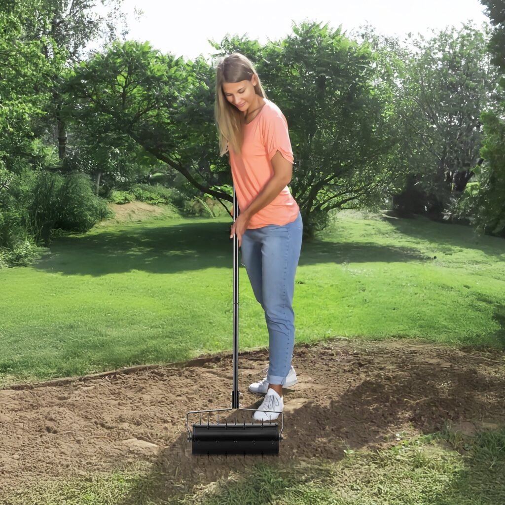Rolling Lawn Aerator, 18-inch Heavy-Duty Manual Rolling Aerator Lawn With Detachable Handle And 27 Iron Spikes, Rolling Lawn Aeration Tool For Garden Patio Yard Compacted Soils And Lawns, Black