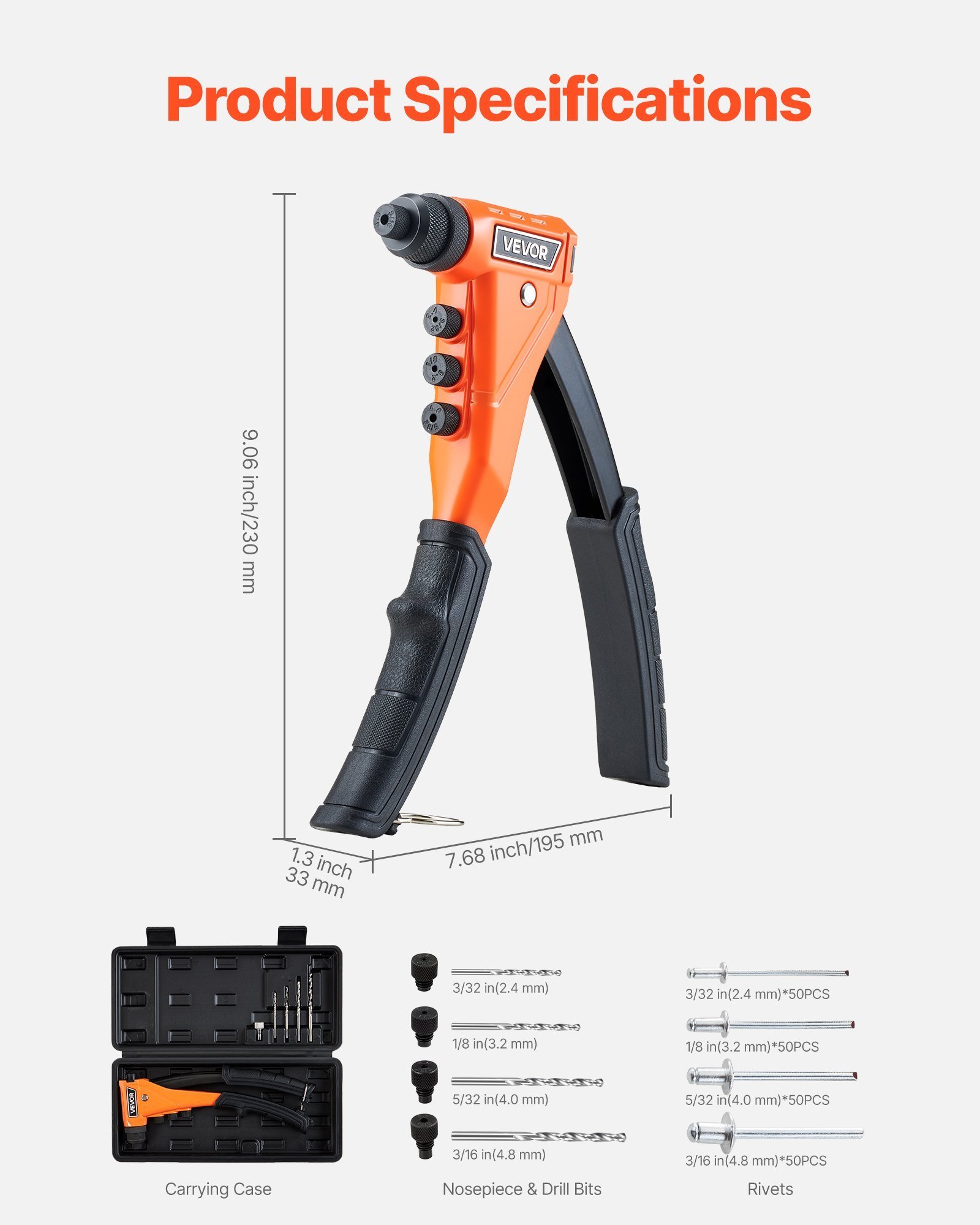 Pop Rivet Gun Kit, With 200 Blind Rivets, Heavy Duty Single Hand Riveter With 4 Interchangeable Nosepieces, 4 Drill Bits, And A Carrying Case, Manual Riveting Tool For Metal, Automotive, Home - Image 1