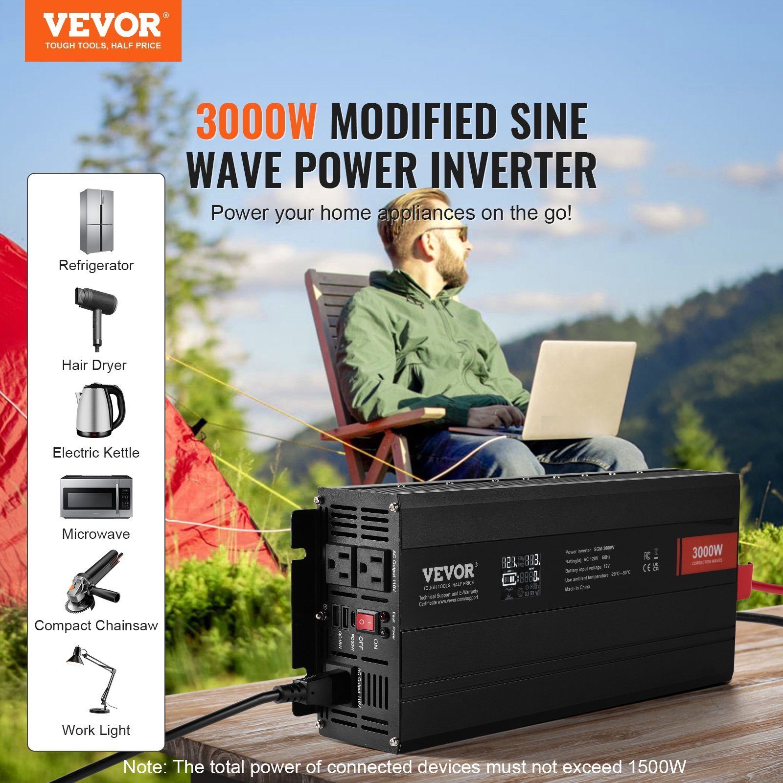 Modified Sine Wave Inverter, 3000Watt, DC 12V To AC 120V LCD Display Power Inverter With 3 AC Outlets 2 USB Port 1 Type-C Port 10 Spare Fuses, For Large Household Equipment, CE FCC Certified - Image 4