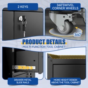 1-drawer Garage Tool Cabinet, Lockable Garage Storage Cabinet, Lockable Metal Storage Cabinet With Wheels, Rolling Toolbox - Image 4
