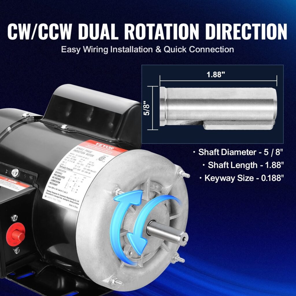 0.75HP Electric Motor 1725rpm, AC 115V/230V, 56 Frame, Air Compressor Motor Single Phase, 5/8' Keyed Shaft, CW/CCW Rotation For Agricultural Machinery And General Equipment