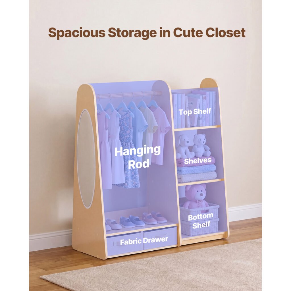 Kids Dress Up Storage, With Mirror, Dress Up Closet, Toddler Wardrobe Closet For Little Girls, Armoire With Shelves & Bottom Tray, Costume Organizer, Toddler Room Furniture, For Bedroom, Natural