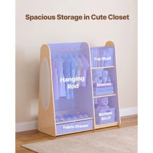 Kids Dress Up Storage, With Mirror, Dress Up Closet, Toddler Wardrobe Closet For Little Girls, Armoire With Shelves & Bottom Tray, Costume Organizer, Toddler Room Furniture, For Bedroom, Natural - Image 4